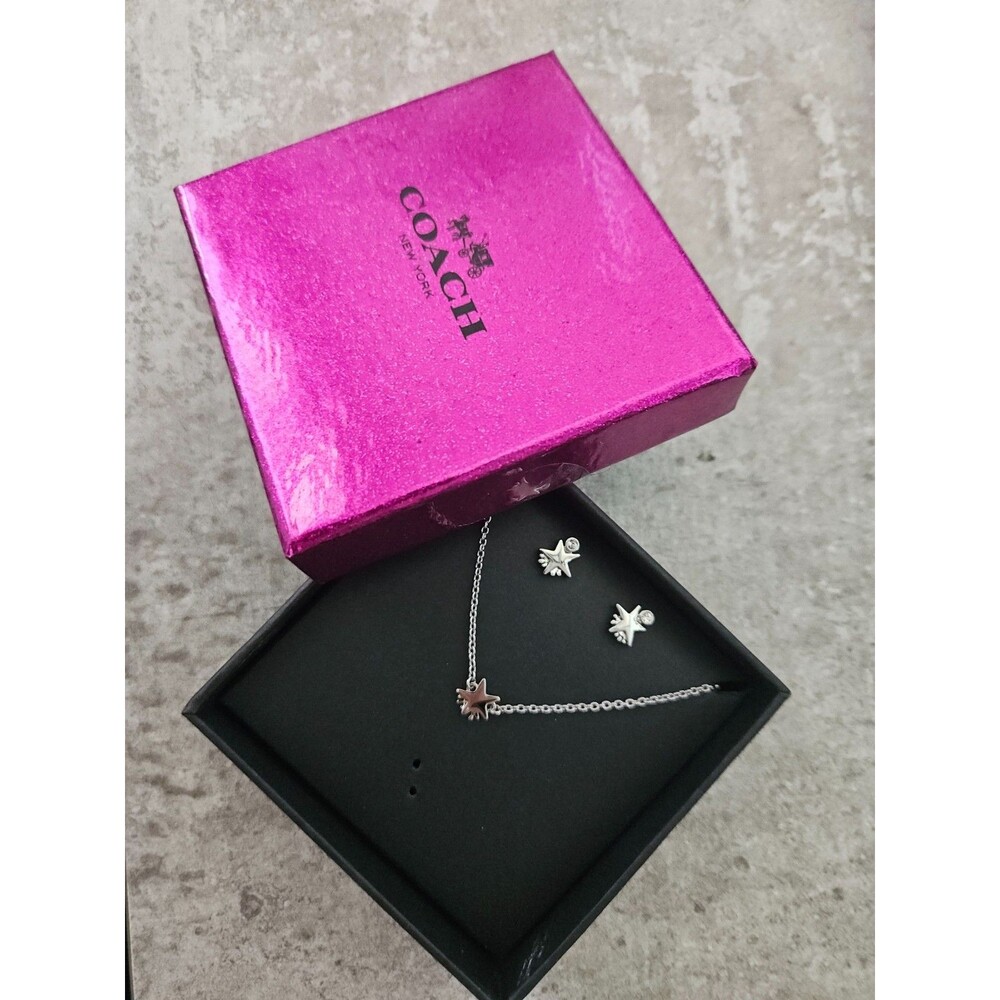 Coach Silver Tone Shooting Star Necklace & Earring Set - New/Boxed